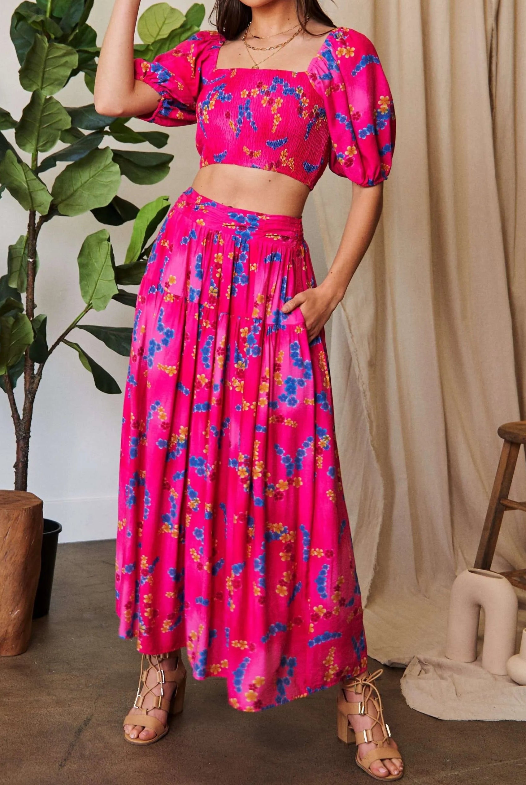 Davi & Dani Smocing Bodice Puff Short Sleeve Printed Crop Top-2 Piece Outfit Sets-Krush Kandy, Women's Online Fashion Boutique Located in Phoenix, Arizona (Scottsdale Area)