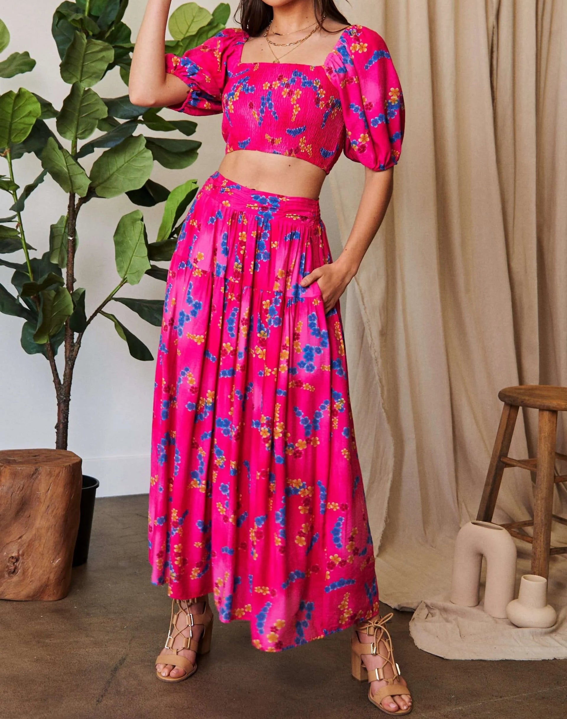 Davi & Dani Smocing Bodice Puff Short Sleeve Printed Crop Top-2 Piece Outfit Sets-Krush Kandy, Women's Online Fashion Boutique Located in Phoenix, Arizona (Scottsdale Area)