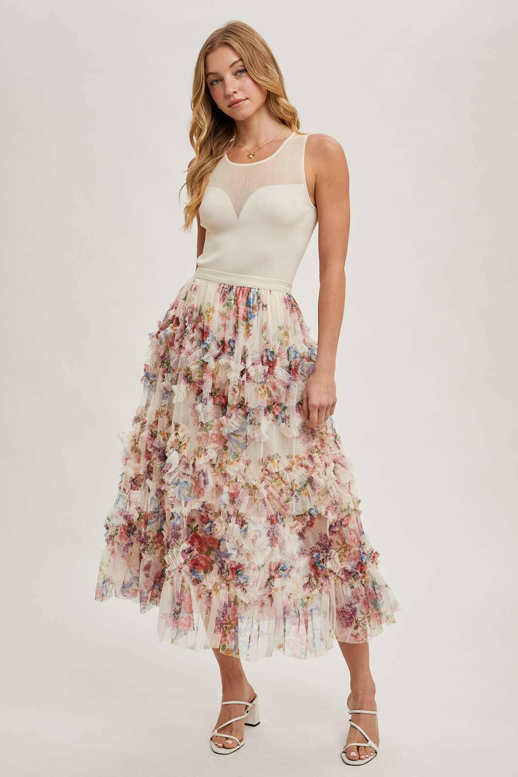 Floral Ruffled Mesh Midi Skirt-Skirts-Krush Kandy, Women's Online Fashion Boutique Located in Phoenix, Arizona (Scottsdale Area)