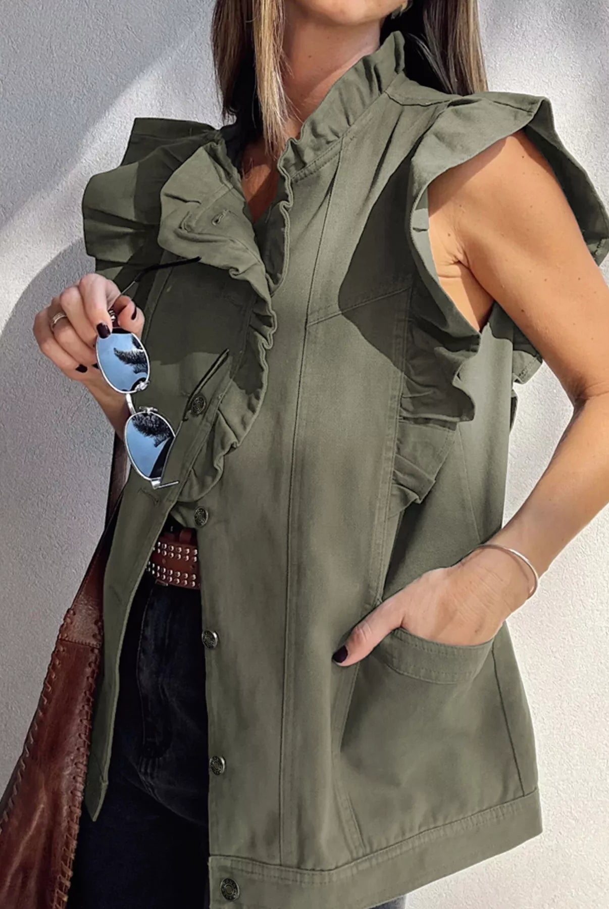Ruffled Patchwork Denim Jacket Vest-Krush Kandy, Women's Online Fashion Boutique Located in Phoenix, Arizona (Scottsdale Area)
