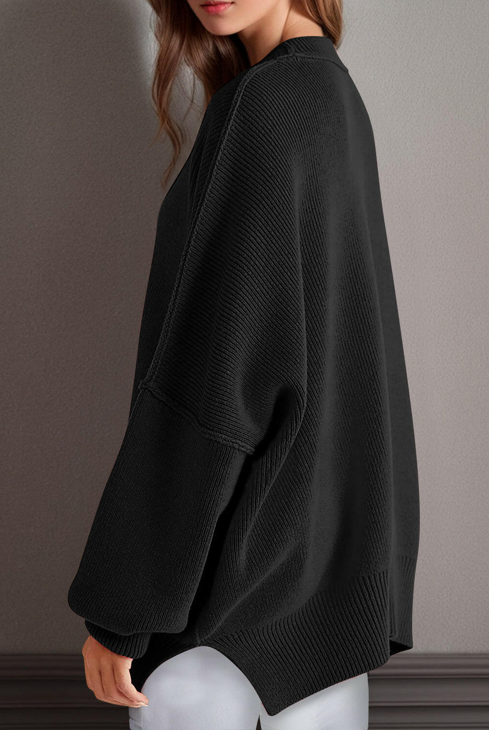 Double Take Side Slit Round Neck Long Sleeve Sweater-Sweaters-Krush Kandy, Women's Online Fashion Boutique Located in Phoenix, Arizona (Scottsdale Area)
