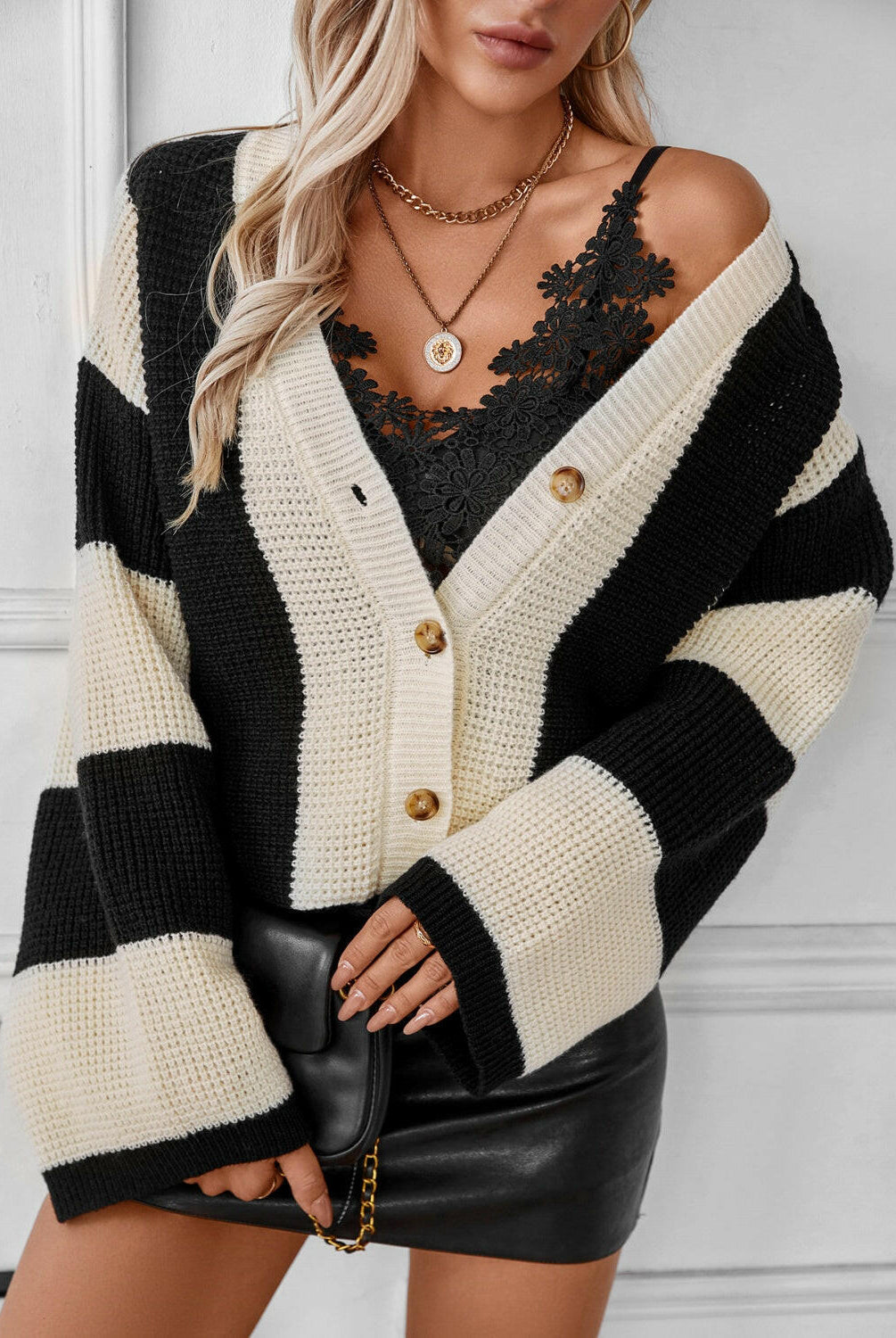 Waffle-Knit V-Neck Striped Long Sleeve Cardigan-Krush Kandy, Women's Online Fashion Boutique Located in Phoenix, Arizona (Scottsdale Area)
