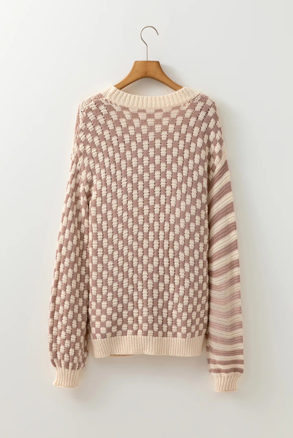 Stripe Checkerboard Drop Shoulder Balloon Sleeve Sweater-Sweaters-Krush Kandy, Women's Online Fashion Boutique Located in Phoenix, Arizona (Scottsdale Area)