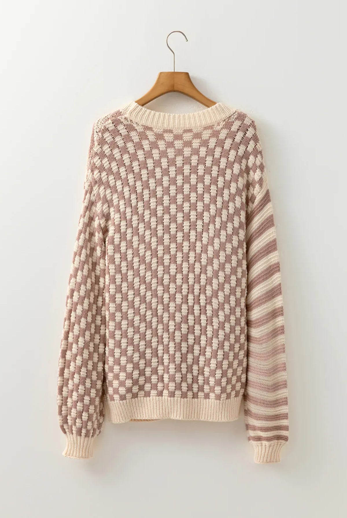 Stripe Checkerboard Drop Shoulder Balloon Sleeve Sweater-Sweaters-Krush Kandy, Women's Online Fashion Boutique Located in Phoenix, Arizona (Scottsdale Area)