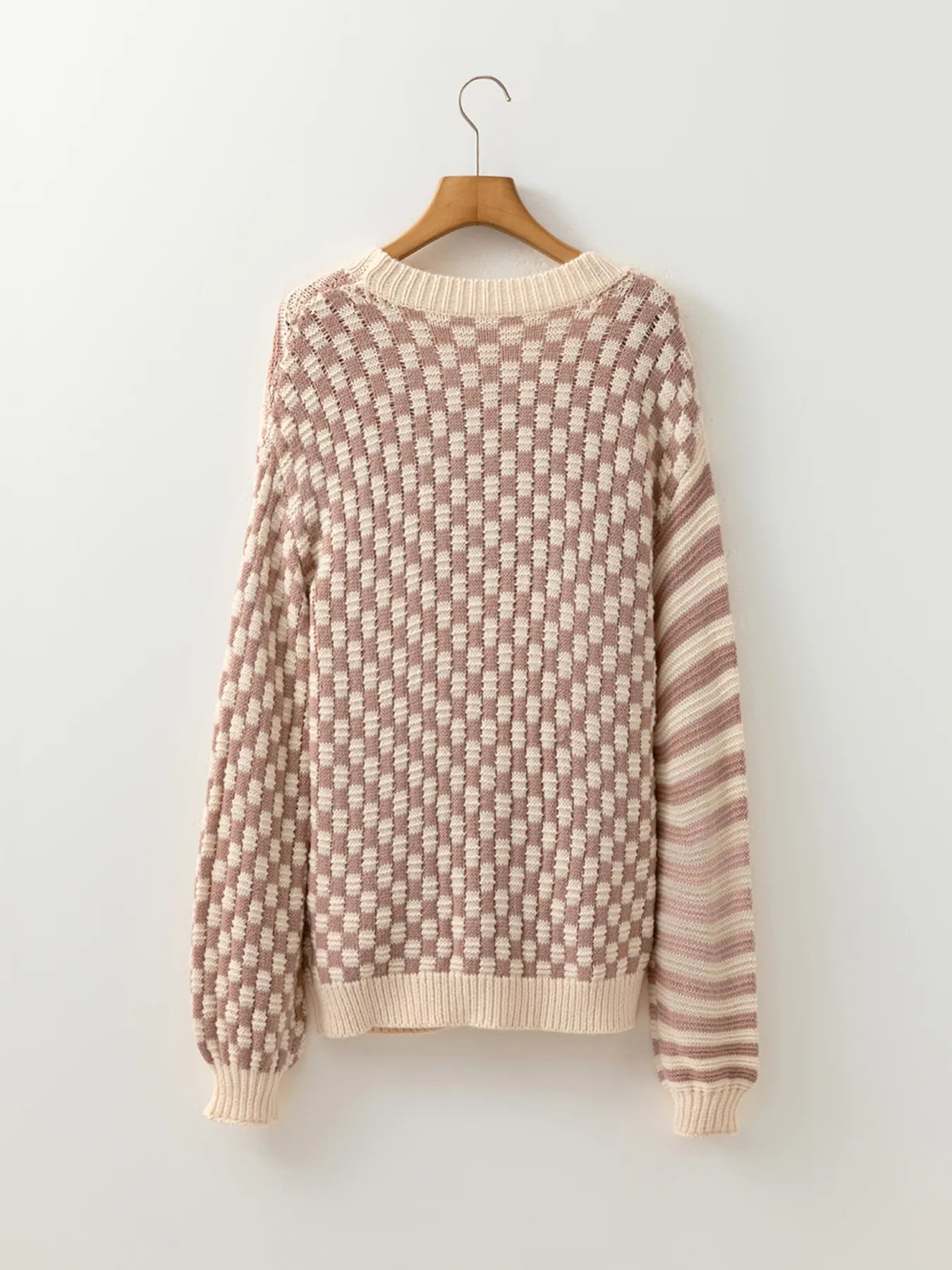 Stripe Checkerboard Drop Shoulder Balloon Sleeve Sweater-Sweaters-Krush Kandy, Women's Online Fashion Boutique Located in Phoenix, Arizona (Scottsdale Area)