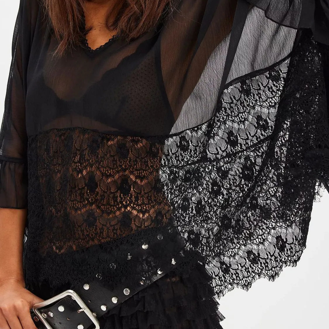 Lace V-Neck Ruffle Long Sleeve Cover-Up-Blouses-Krush Kandy, Women's Online Fashion Boutique Located in Phoenix, Arizona (Scottsdale Area)