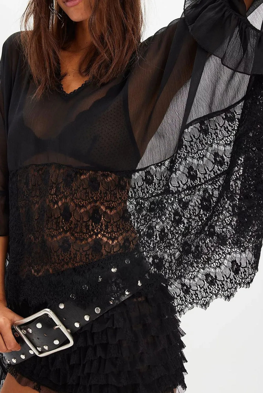 Lace V-Neck Ruffle Long Sleeve Cover-Up-Blouses-Krush Kandy, Women's Online Fashion Boutique Located in Phoenix, Arizona (Scottsdale Area)