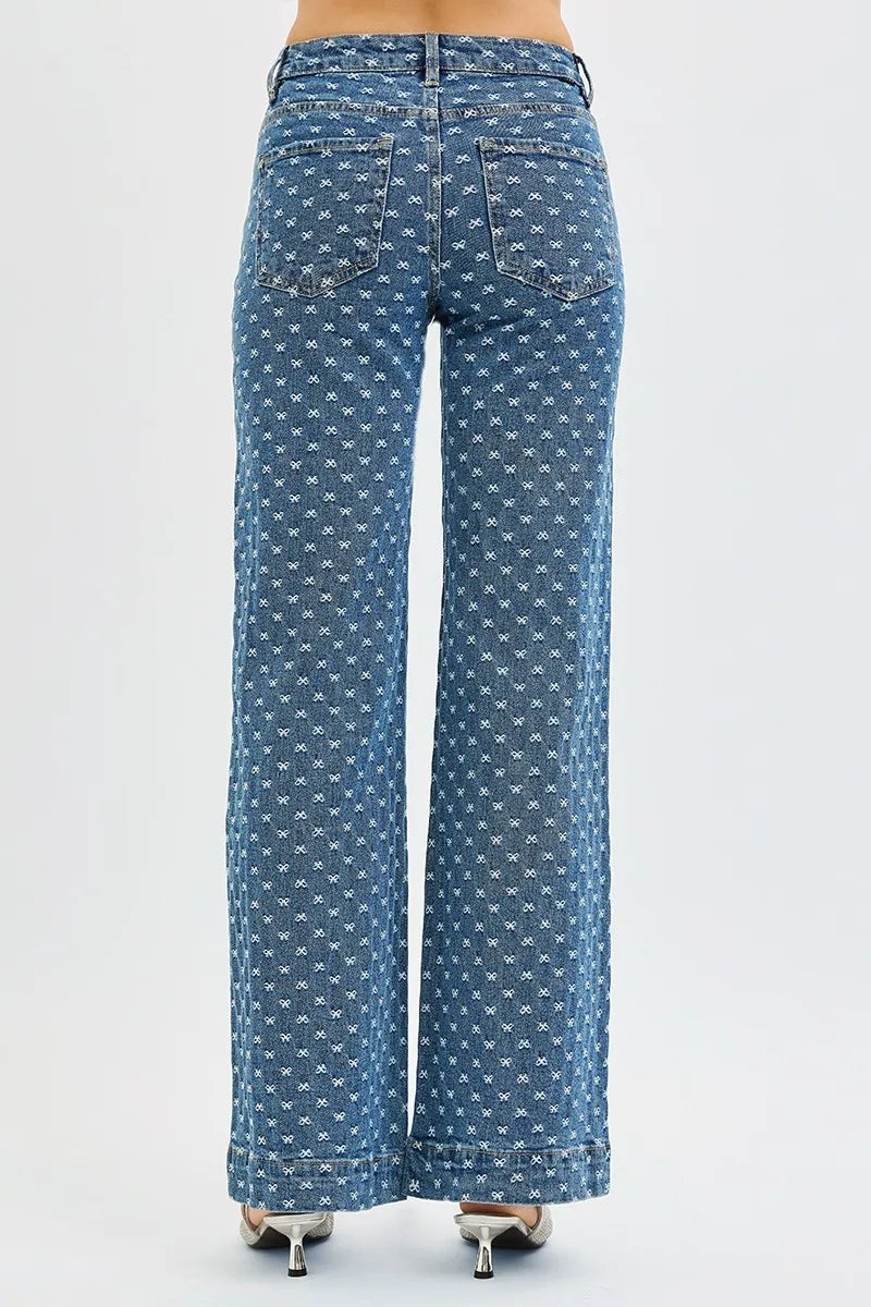 RISEN High Rise Wide Leg Bow Embroidered Jeans-Jeans-Krush Kandy, Women's Online Fashion Boutique Located in Phoenix, Arizona (Scottsdale Area)