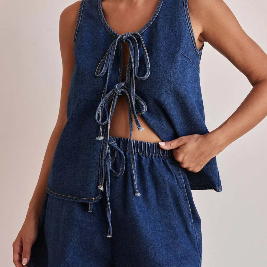 Denim Tie-Front Two-Piece Set-Tops-Krush Kandy, Women's Online Fashion Boutique Located in Phoenix, Arizona (Scottsdale Area)