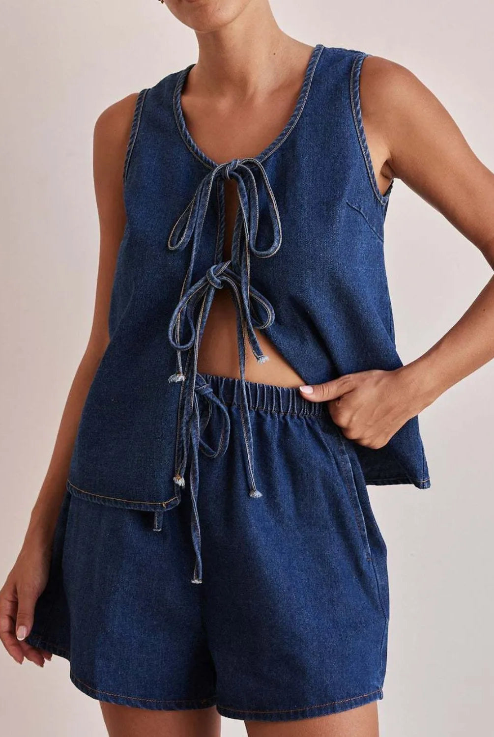 Denim Tie-Front Two-Piece Set-Tops-Krush Kandy, Women's Online Fashion Boutique Located in Phoenix, Arizona (Scottsdale Area)