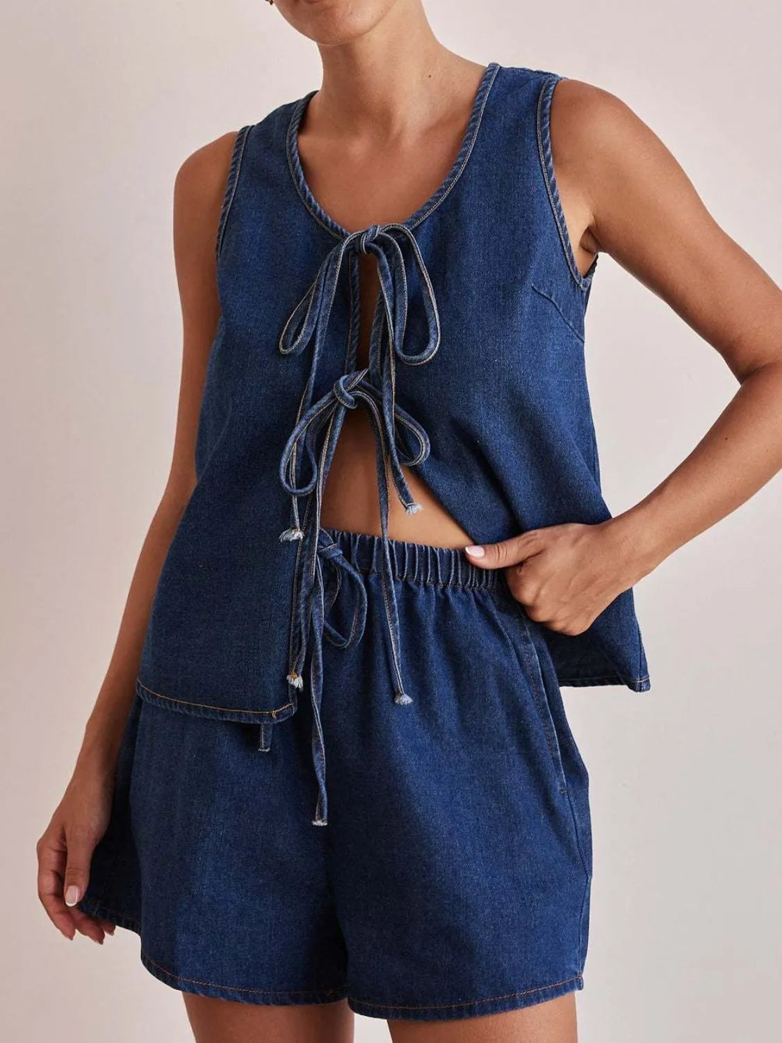 Denim Tie-Front Two-Piece Set-Tops-Krush Kandy, Women's Online Fashion Boutique Located in Phoenix, Arizona (Scottsdale Area)