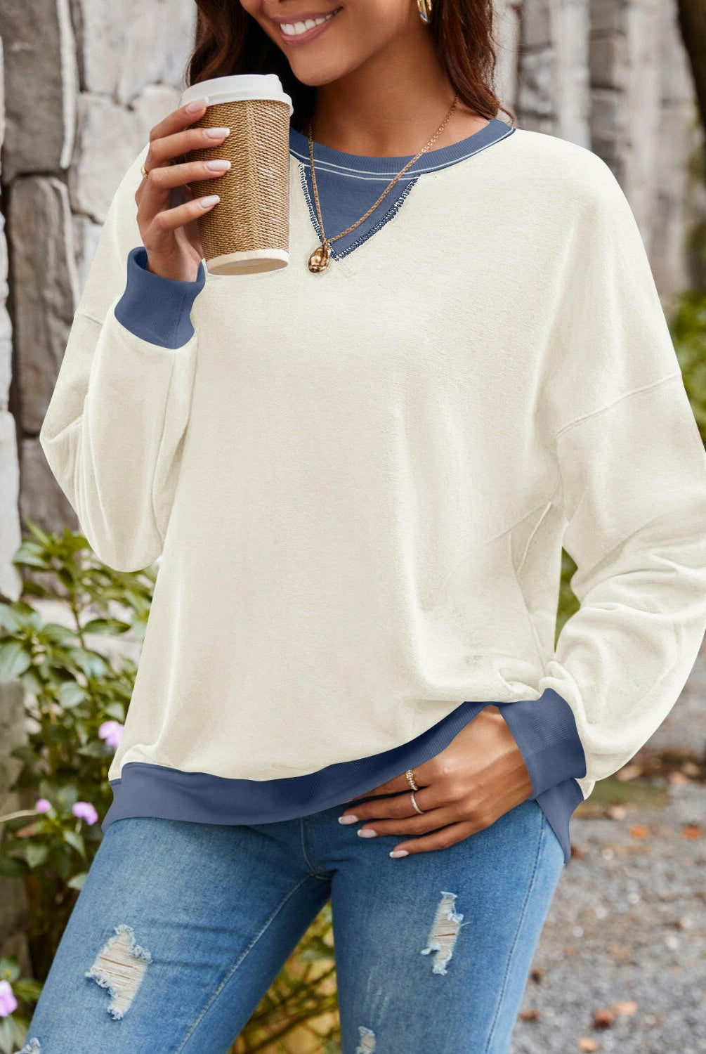Lovelet Contrast Round Neck Long Sleeve Sweatshirt-Krush Kandy, Women's Online Fashion Boutique Located in Phoenix, Arizona (Scottsdale Area)