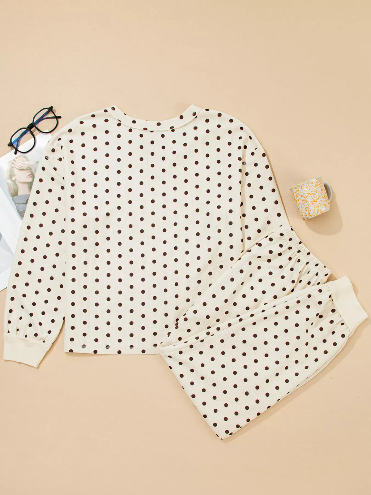 Polka Dot Notched Long Sleeve Top and Drawstring Joggers Lounge Set-Loungewear-Krush Kandy, Women's Online Fashion Boutique Located in Phoenix, Arizona (Scottsdale Area)