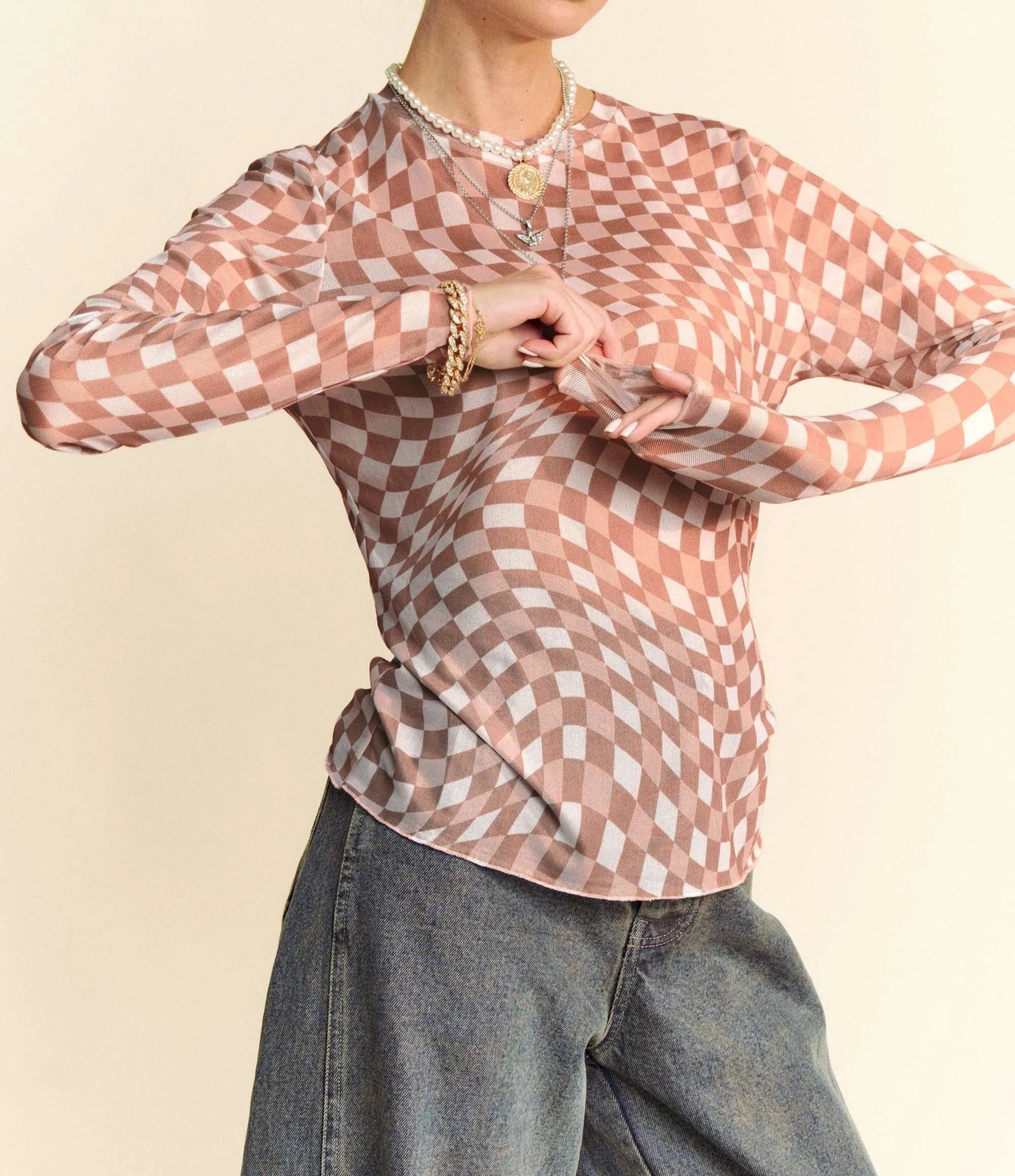 Davi & Dani Checker Board Mesh Long Sleeve Layering Top-tops-Krush Kandy, Women's Online Fashion Boutique Located in Phoenix, Arizona (Scottsdale Area)