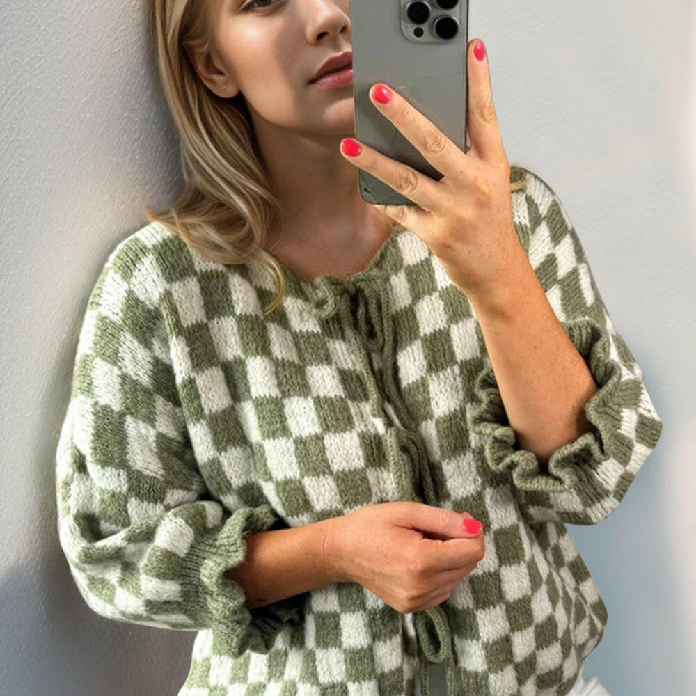 Double Take Tied Checkered Dropped Shoulder Flounce Sleeve Cardigan-Krush Kandy, Women's Online Fashion Boutique Located in Phoenix, Arizona (Scottsdale Area)