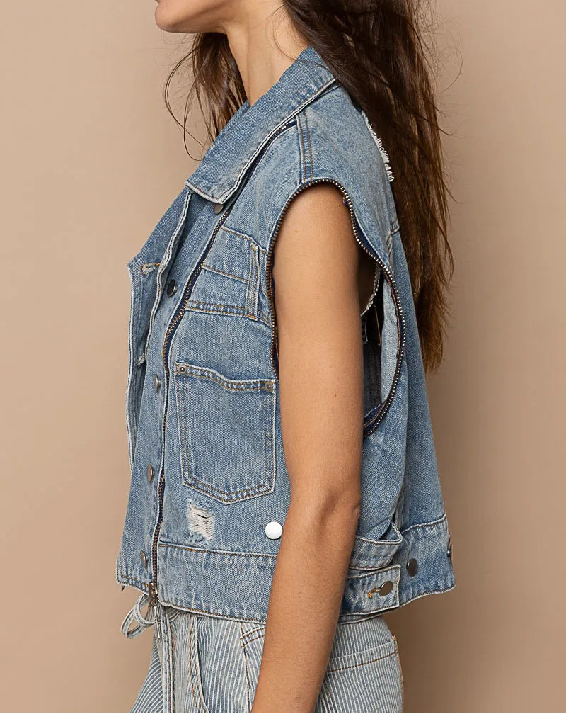POL Cropped Denim Jacket with Functional Zipper Detail-Jacket-Krush Kandy, Women's Online Fashion Boutique Located in Phoenix, Arizona (Scottsdale Area)