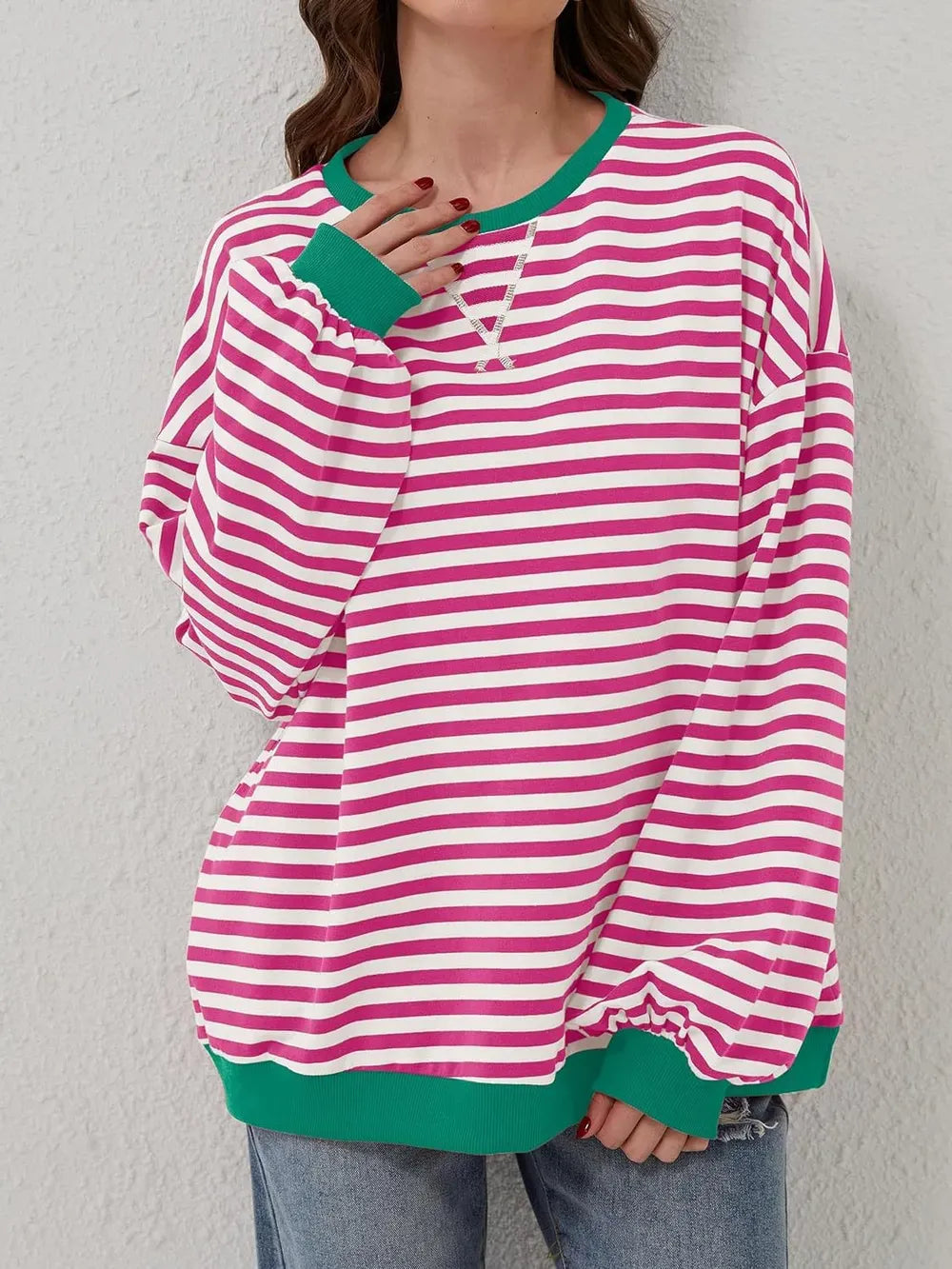 Lovelet Contrast Striped Long Sleeve Sweatshirt-Sweaters-Krush Kandy, Women's Online Fashion Boutique Located in Phoenix, Arizona (Scottsdale Area)