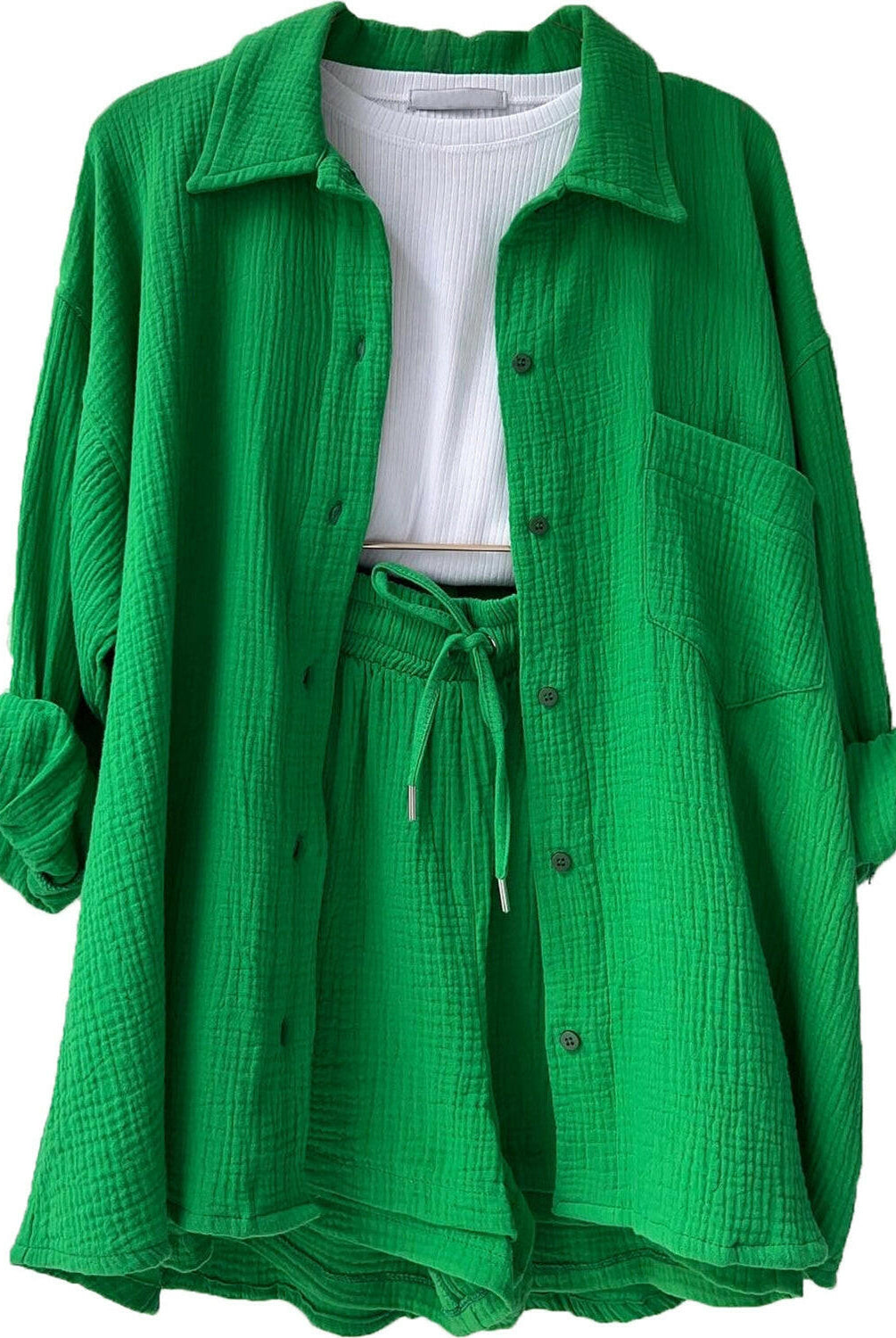 Kinsley Texture Button-Up Shirt and Drawstring Shorts Set-Krush Kandy, Women's Online Fashion Boutique Located in Phoenix, Arizona (Scottsdale Area)