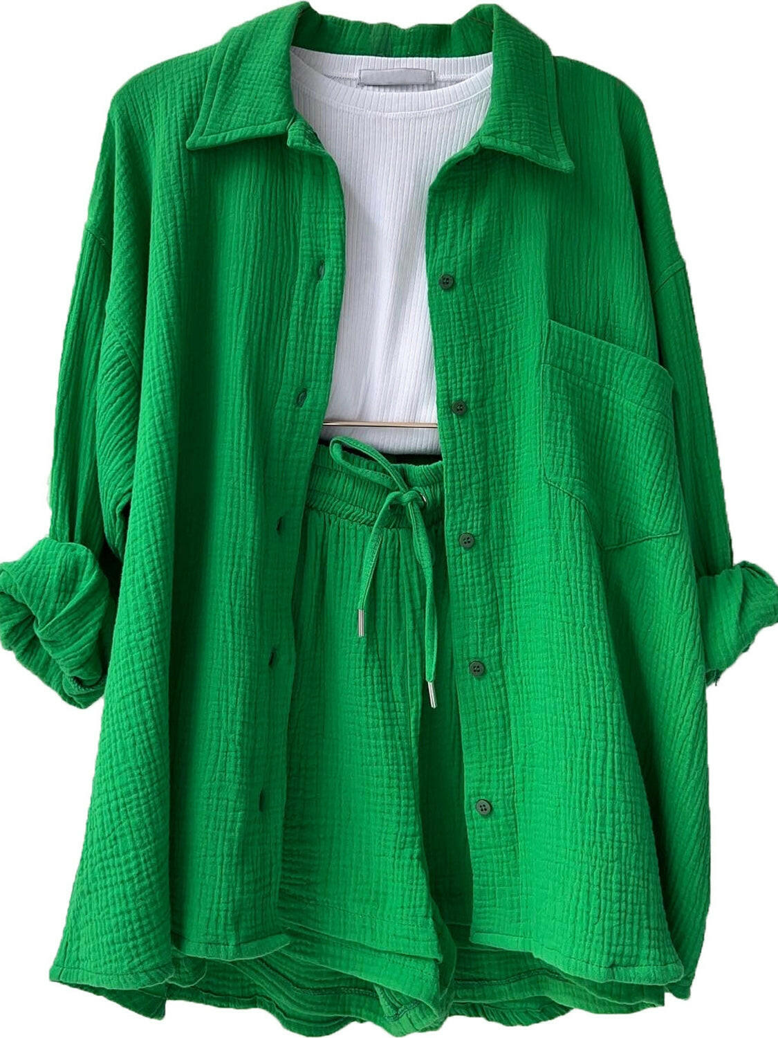 Kinsley Texture Button-Up Shirt and Drawstring Shorts Set-Krush Kandy, Women's Online Fashion Boutique Located in Phoenix, Arizona (Scottsdale Area)