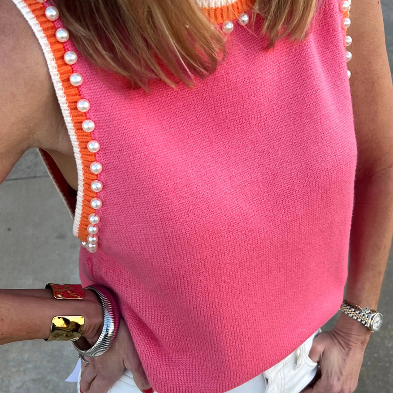 Contrast Trim Pearl Detail Sweater Tank Top-Tops-Krush Kandy, Women's Online Fashion Boutique Located in Phoenix, Arizona (Scottsdale Area)