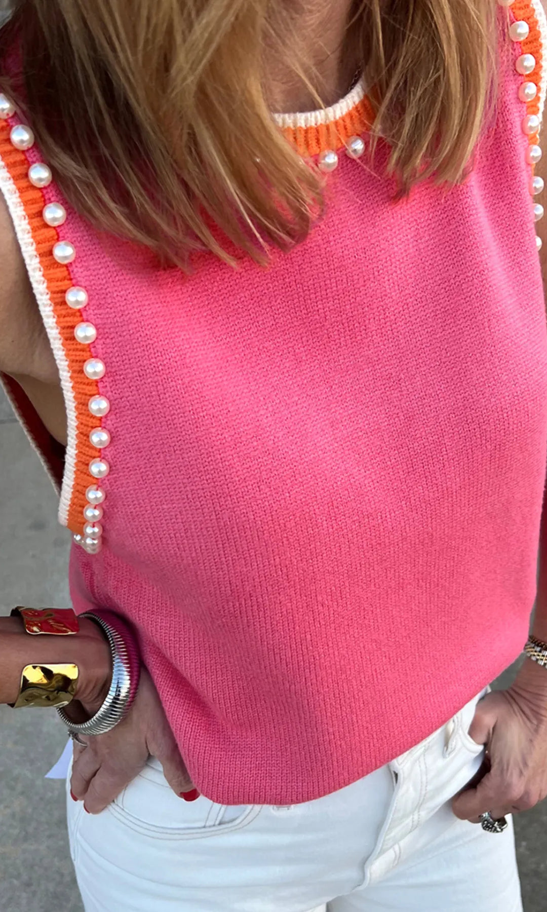 Contrast Trim Pearl Detail Sweater Tank Top-Tops-Krush Kandy, Women's Online Fashion Boutique Located in Phoenix, Arizona (Scottsdale Area)