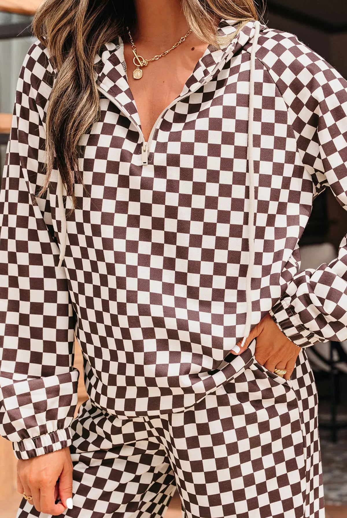 Checkered Drawstring Hoodie and Pants Set-2 Piece Outfit Sets-Krush Kandy, Women's Online Fashion Boutique Located in Phoenix, Arizona (Scottsdale Area)