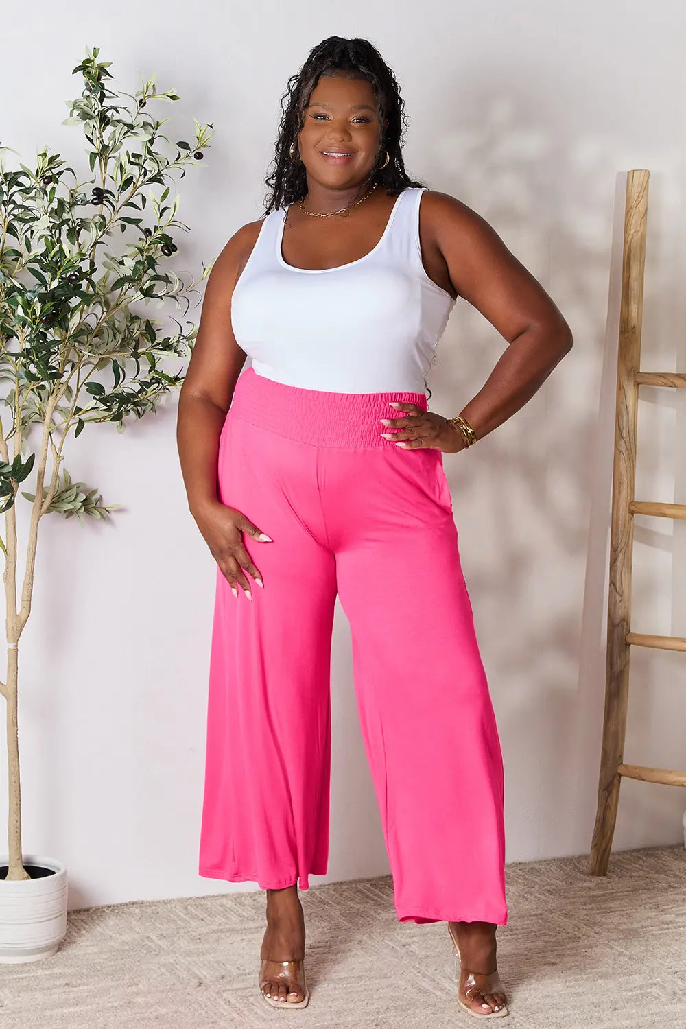 Full Size Smocked Wide Waistband Wide Leg Pants-Pants-Krush Kandy, Women's Online Fashion Boutique Located in Phoenix, Arizona (Scottsdale Area)