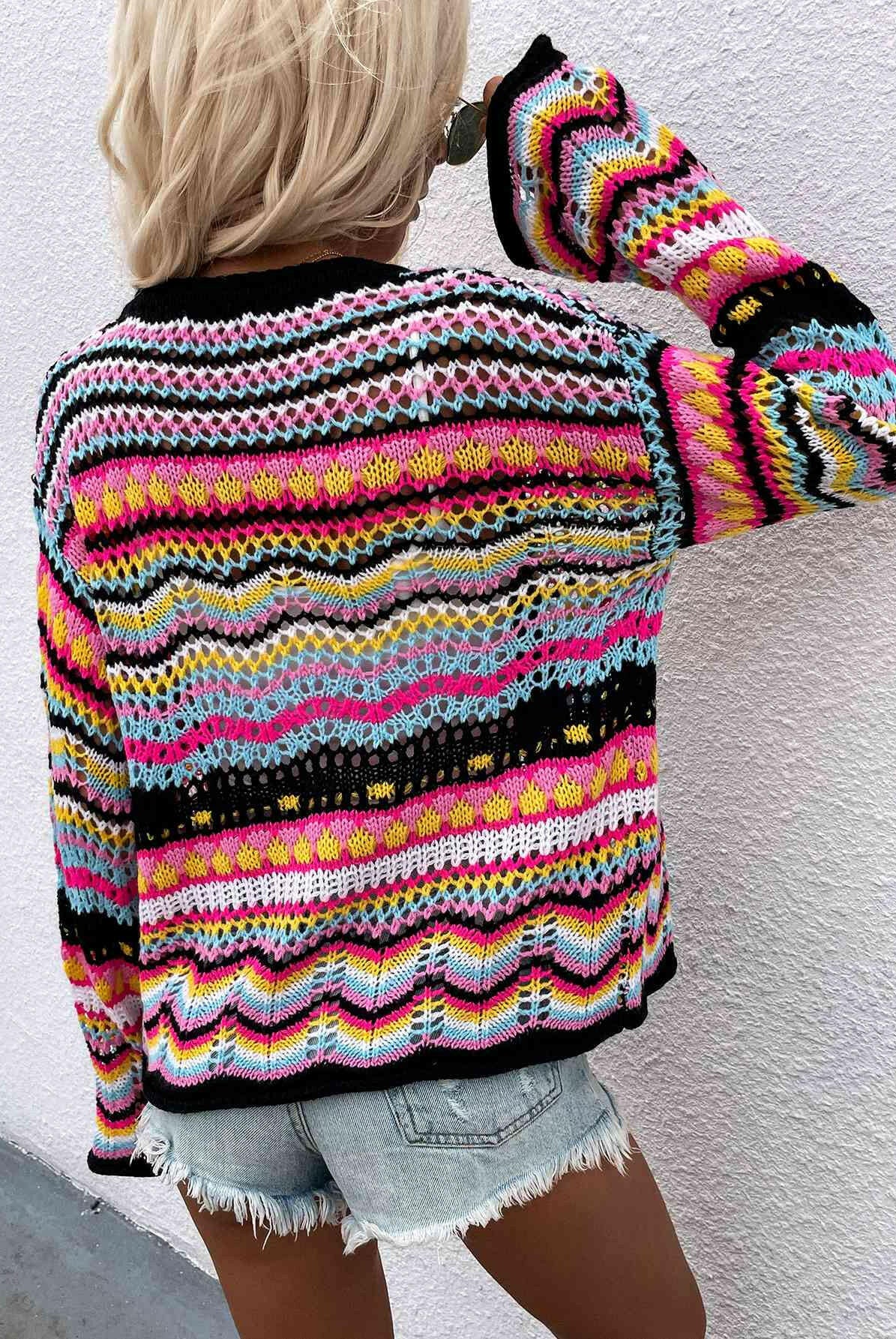 Chevron Stripes Openwork Cardigan-Krush Kandy, Women's Online Fashion Boutique Located in Phoenix, Arizona (Scottsdale Area)