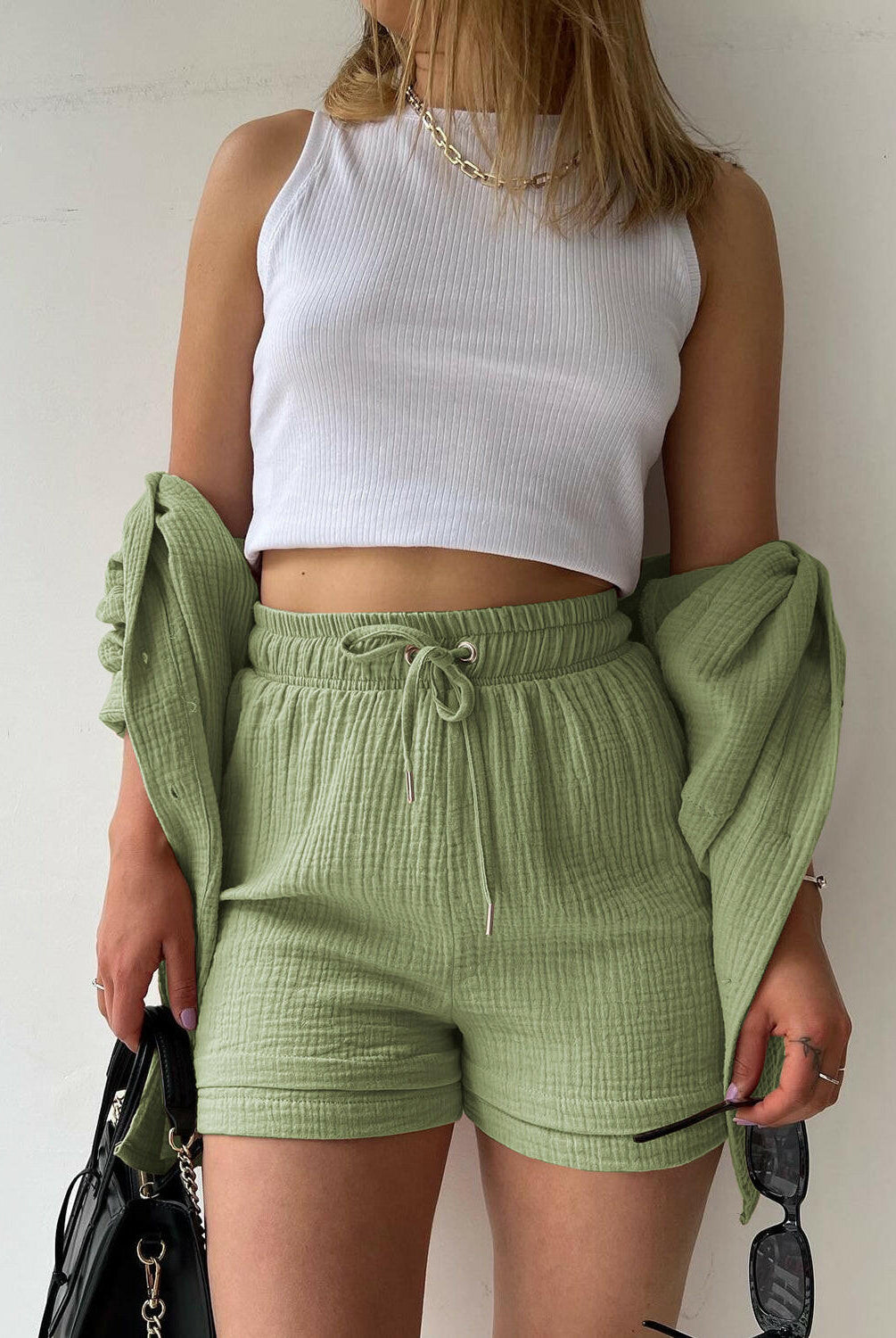 Kinsley Texture Button-Up Shirt and Drawstring Shorts Set-Krush Kandy, Women's Online Fashion Boutique Located in Phoenix, Arizona (Scottsdale Area)