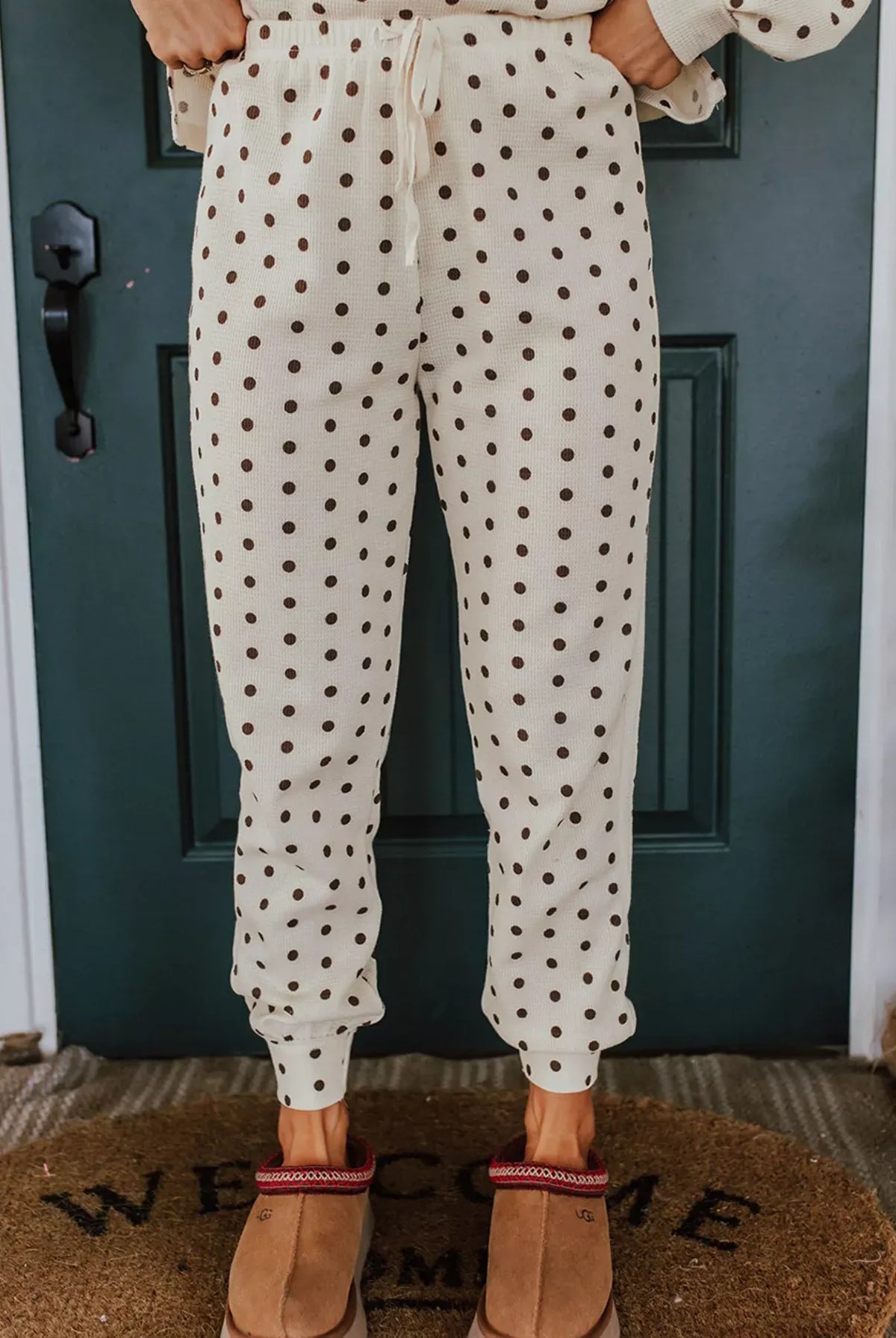 Polka Dot Notched Long Sleeve Top and Drawstring Joggers Lounge Set-Loungewear-Krush Kandy, Women's Online Fashion Boutique Located in Phoenix, Arizona (Scottsdale Area)