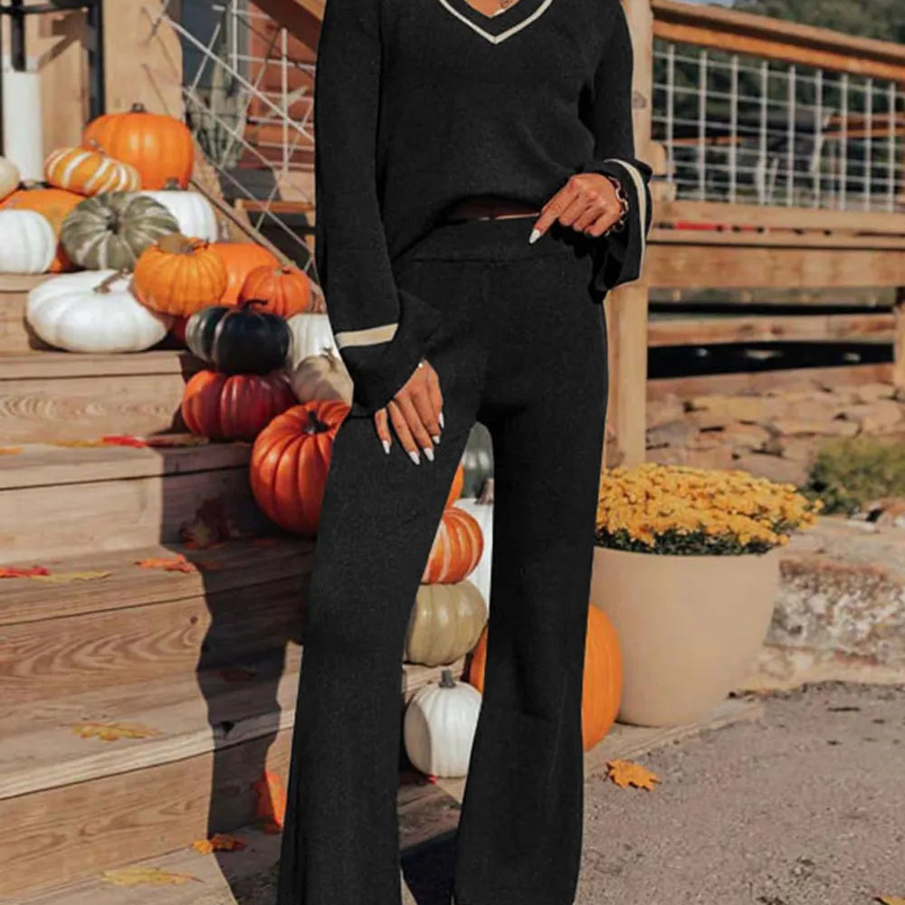 Perfee V-Neck Long Sleeve Top and Pants Set-2 Piece Outfit Sets-Krush Kandy, Women's Online Fashion Boutique Located in Phoenix, Arizona (Scottsdale Area)