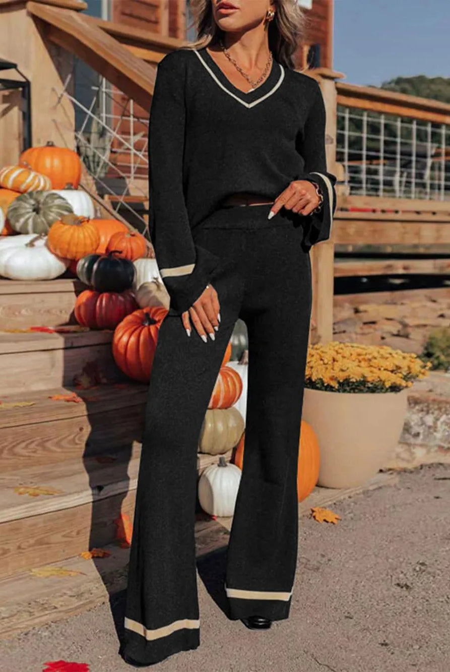 Perfee V-Neck Long Sleeve Top and Pants Set-2 Piece Outfit Sets-Krush Kandy, Women's Online Fashion Boutique Located in Phoenix, Arizona (Scottsdale Area)