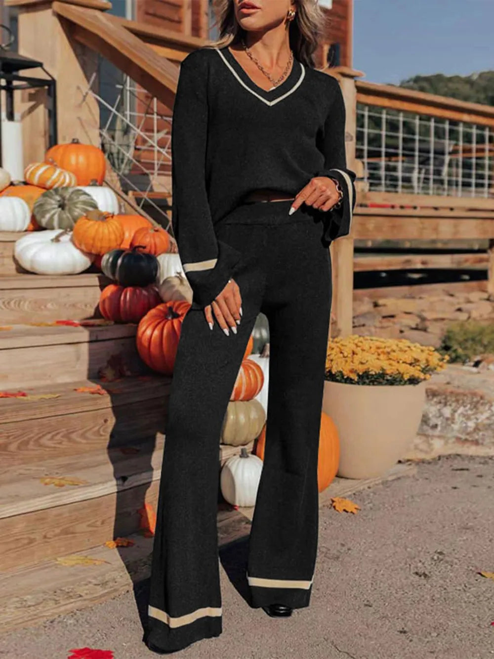 Perfee V-Neck Long Sleeve Top and Pants Set-2 Piece Outfit Sets-Krush Kandy, Women's Online Fashion Boutique Located in Phoenix, Arizona (Scottsdale Area)
