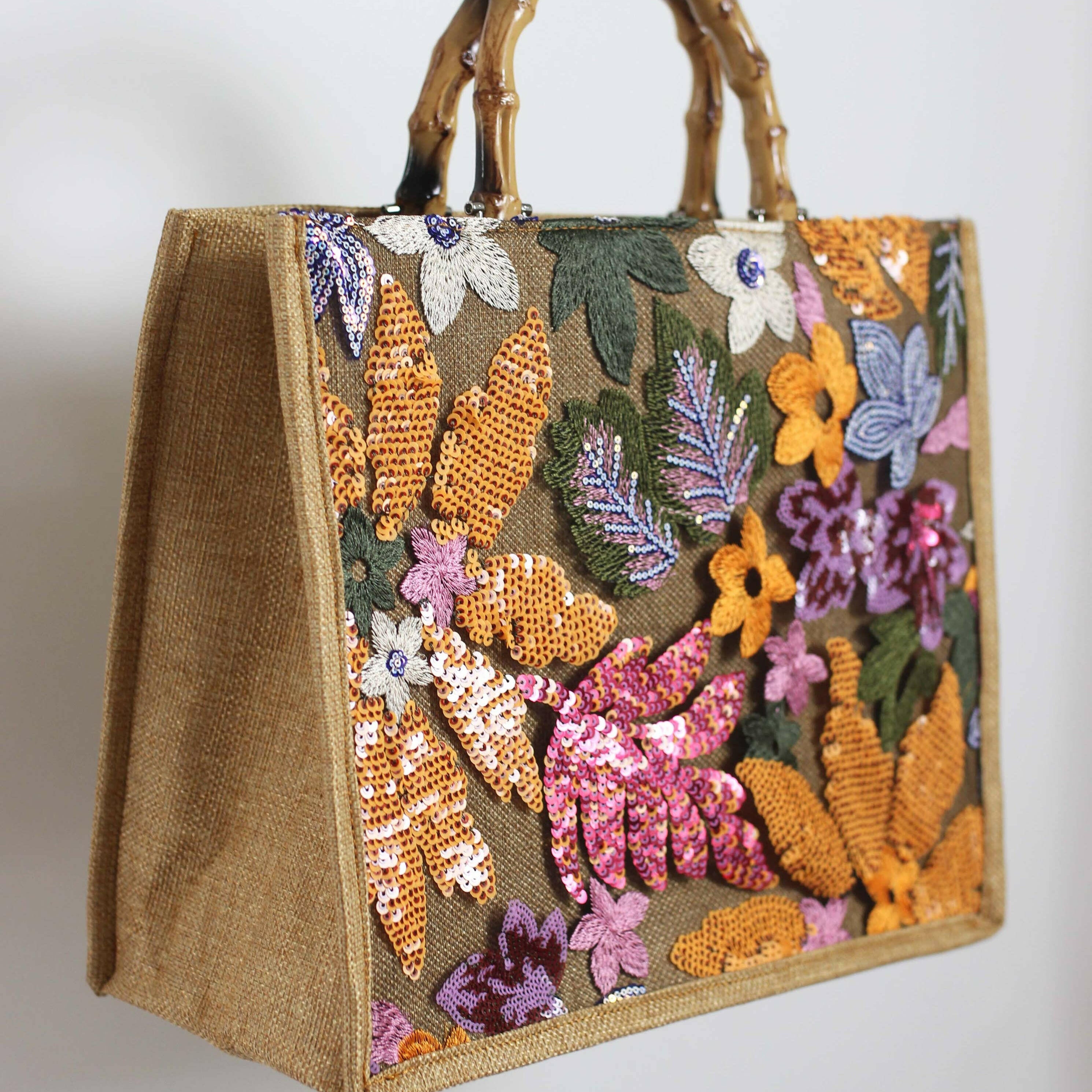 Elegant Burlap Handbag with Floral Embroidery and Bamboo Handle-handbag-Krush Kandy, Women's Online Fashion Boutique Located in Phoenix, Arizona (Scottsdale Area)