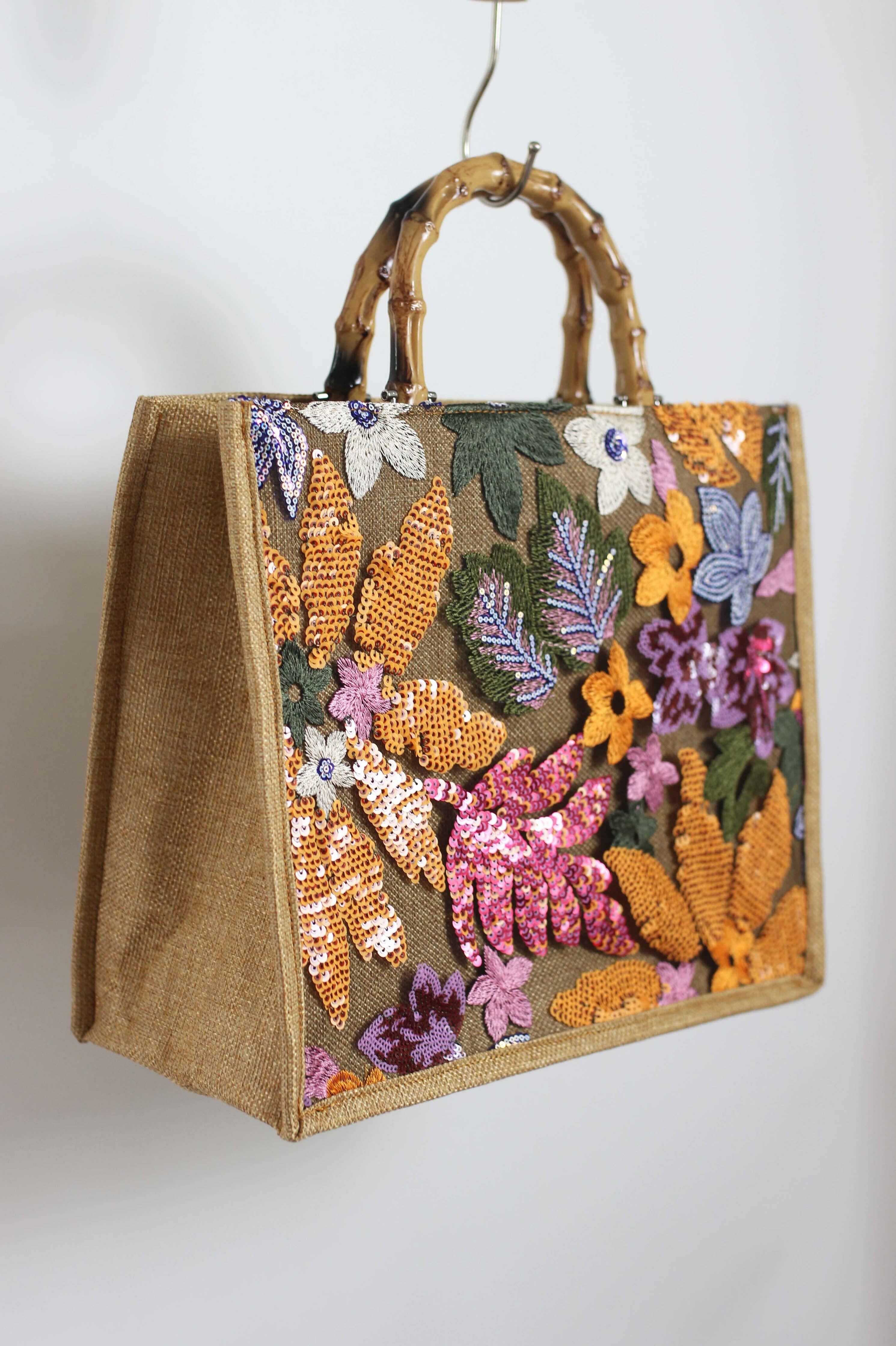 Elegant Burlap Handbag with Floral Embroidery and Bamboo Handle-handbag-Krush Kandy, Women's Online Fashion Boutique Located in Phoenix, Arizona (Scottsdale Area)