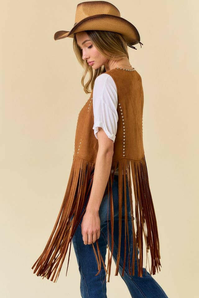 Studded Long Fringe Faux Suede Vest-Vests-Krush Kandy, Women's Online Fashion Boutique Located in Phoenix, Arizona (Scottsdale Area)