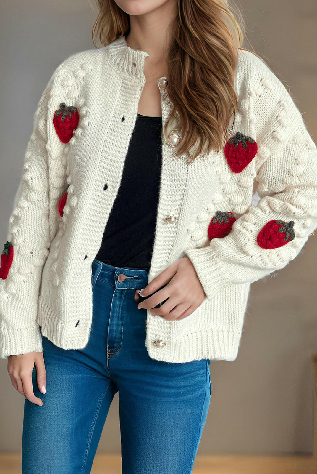 Strawberry Button Down Long Sleeve Cardigan-Cardigans-Krush Kandy, Women's Online Fashion Boutique Located in Phoenix, Arizona (Scottsdale Area)