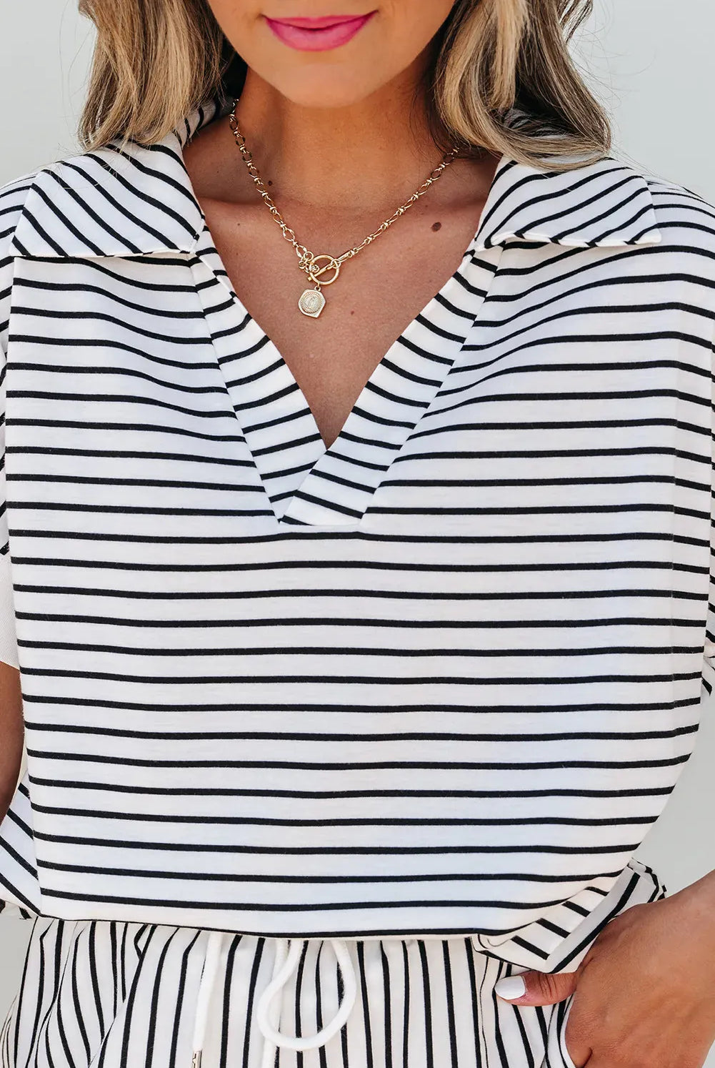 Striped V-Neck Polo Top & Shorts Set-2 Piece Outfit Sets-Krush Kandy, Women's Online Fashion Boutique Located in Phoenix, Arizona (Scottsdale Area)