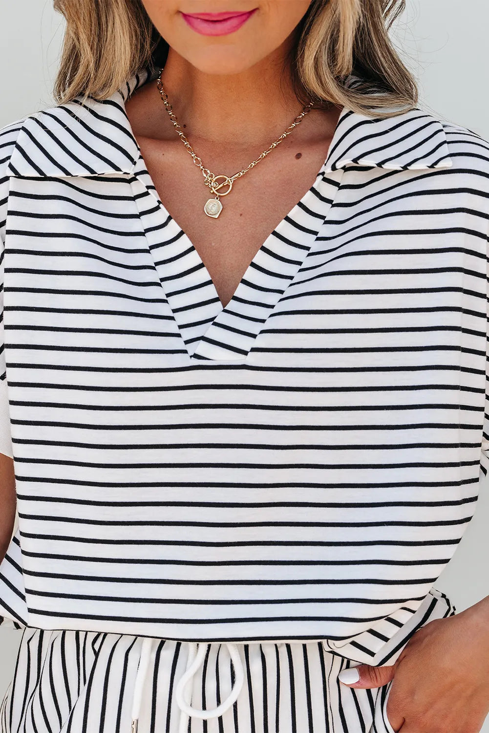 Striped V-Neck Polo Top & Shorts Set-2 Piece Outfit Sets-Krush Kandy, Women's Online Fashion Boutique Located in Phoenix, Arizona (Scottsdale Area)