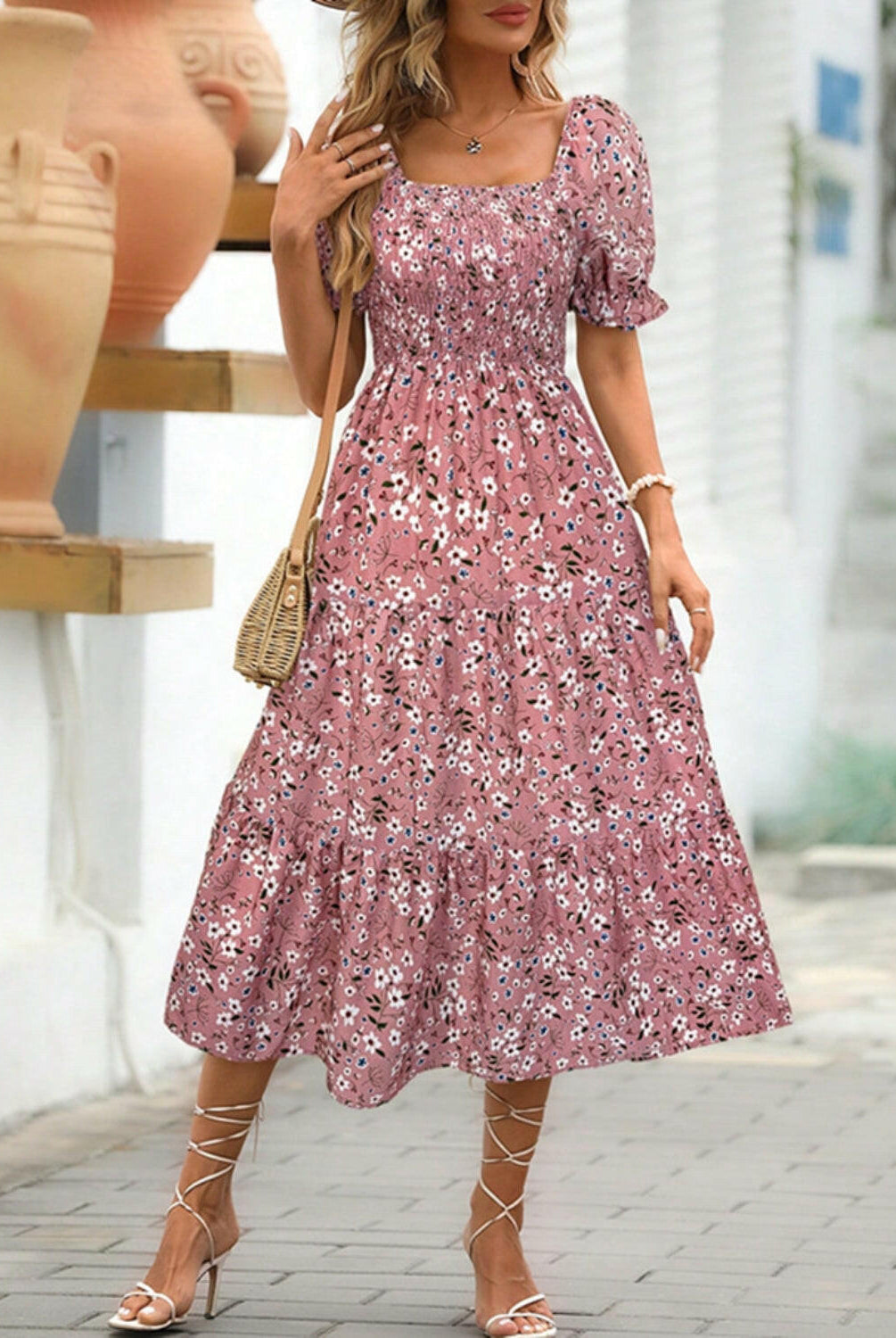 Floral Tiered Puff Sleeve Midi Dress-Dresses-Krush Kandy, Women's Online Fashion Boutique Located in Phoenix, Arizona (Scottsdale Area)