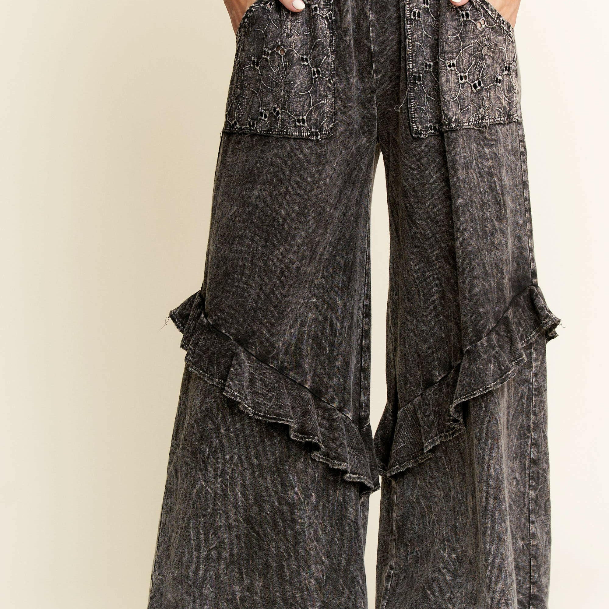 J.HER Mineral Wash Eyelet Pocket Ruffle Pants-Krush Kandy, Women's Online Fashion Boutique Located in Phoenix, Arizona (Scottsdale Area)