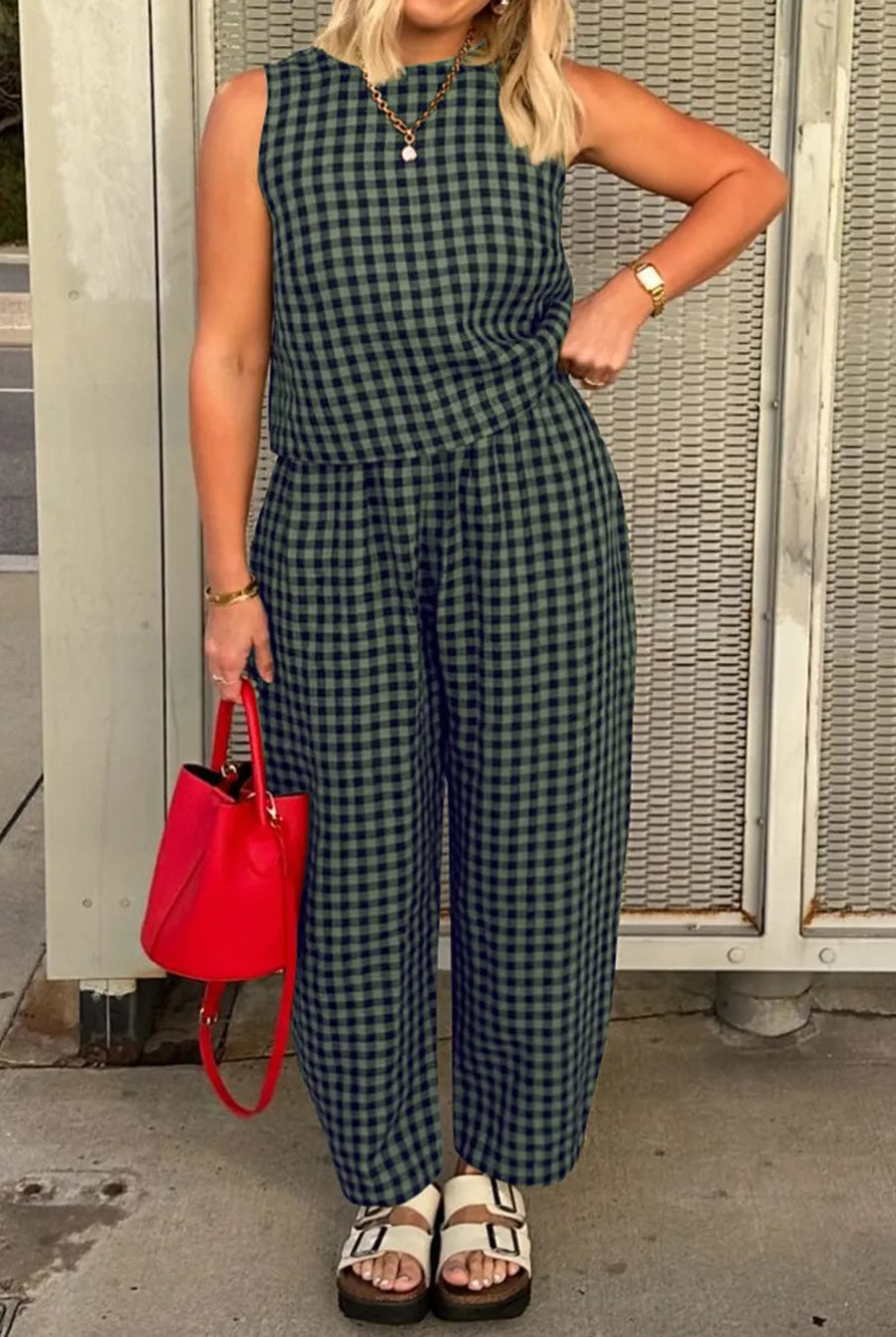 Lovelet Plaid Round Neck Sleeveless Top and Pants Set-2 Piece Outfit Sets-Krush Kandy, Women's Online Fashion Boutique Located in Phoenix, Arizona (Scottsdale Area)