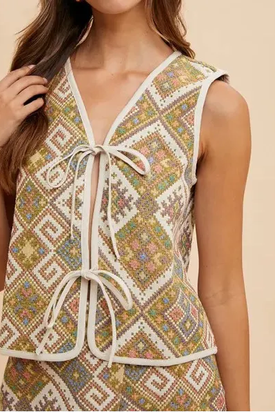 Annie Wear Ethnic Woven Jacquard Tie Front Vest-Vests-Krush Kandy, Women's Online Fashion Boutique Located in Phoenix, Arizona (Scottsdale Area)