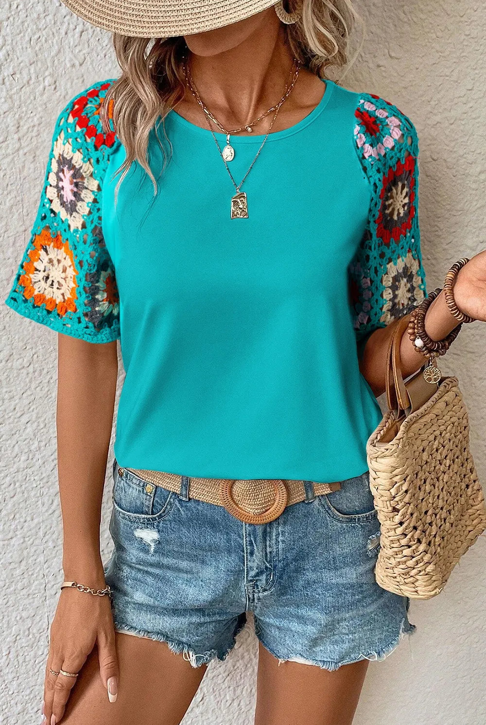 Retro Bloom Crochet Sleeve Tee-Tops-Krush Kandy, Women's Online Fashion Boutique Located in Phoenix, Arizona (Scottsdale Area)