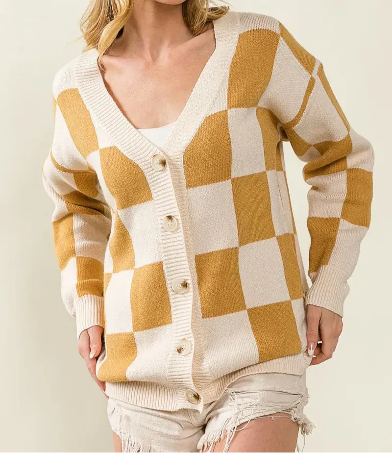 BiBi Checked V-neck Cardigan-Tops-Krush Kandy, Women's Online Fashion Boutique Located in Phoenix, Arizona (Scottsdale Area)