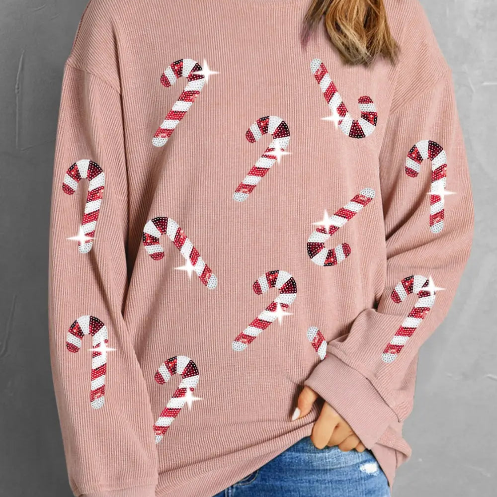 Sequin Candy Cane Round Neck Sweatshirt-Sweaters-Krush Kandy, Women's Online Fashion Boutique Located in Phoenix, Arizona (Scottsdale Area)