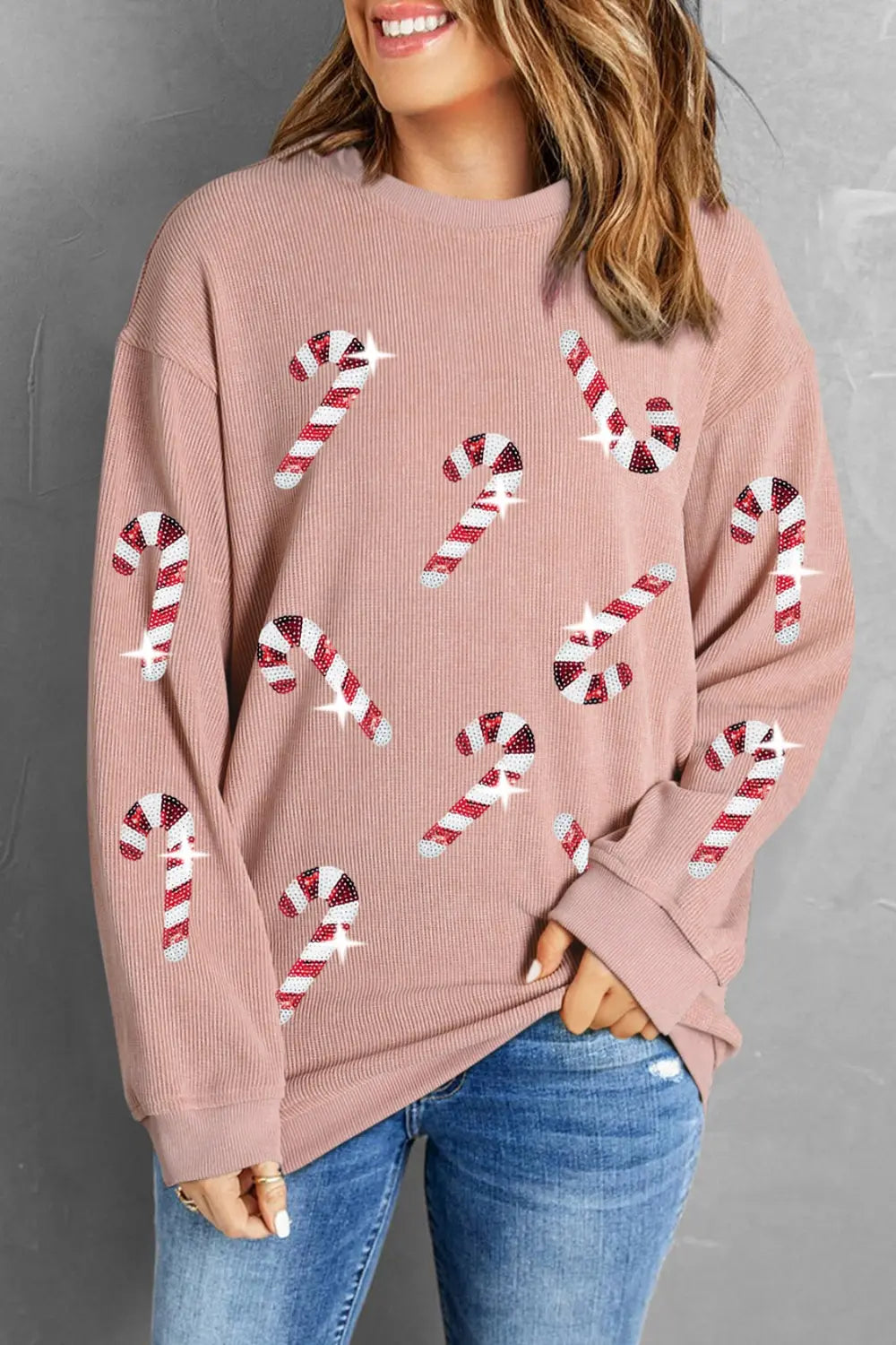 Sequin Candy Cane Round Neck Sweatshirt-Sweaters-Krush Kandy, Women's Online Fashion Boutique Located in Phoenix, Arizona (Scottsdale Area)