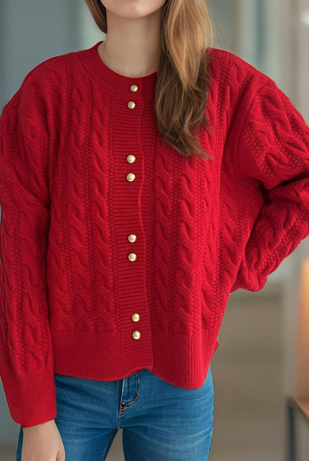 Cable-Knit Round Neck Long Sleeve Cardigan-Cardigans-Krush Kandy, Women's Online Fashion Boutique Located in Phoenix, Arizona (Scottsdale Area)