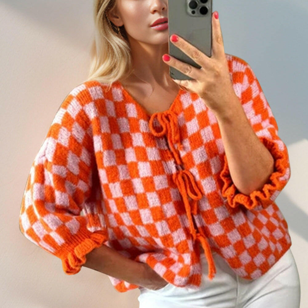 Double Take Tied Checkered Dropped Shoulder Flounce Sleeve Cardigan-Krush Kandy, Women's Online Fashion Boutique Located in Phoenix, Arizona (Scottsdale Area)