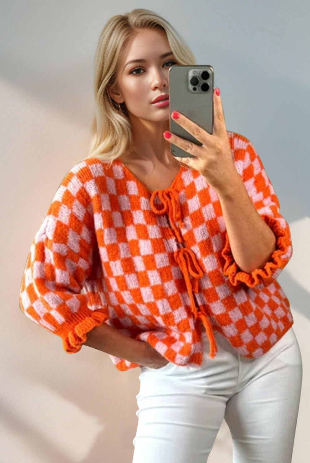 Double Take Tied Checkered Dropped Shoulder Flounce Sleeve Cardigan-Krush Kandy, Women's Online Fashion Boutique Located in Phoenix, Arizona (Scottsdale Area)